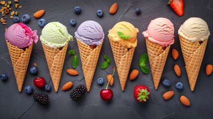 Wall Mural - Various of ice cream flavor in cones blueberry ,strawberry ,pistachio ,almond ,orange and cherry setup on dark stone background . Summer and Sweet menu concept