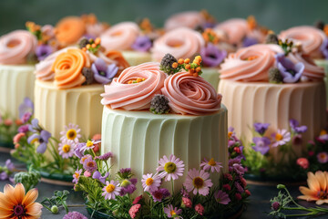 Aufkleber - A row of cakes with flowers on top. The cakes are of different colors and sizes. The cakes are arranged in a row, with the tallest one in the middle and the shortest one on the far right