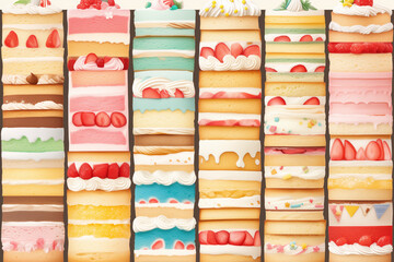 Poster - A series of cakes with different colors and flavors, including strawberry. The cakes are arranged in a row, with some being taller than others. Concept of variety and abundance