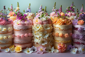 Aufkleber - A row of cakes with flowers on top. The cakes are of different colors and sizes. The cakes are arranged in a row, with the tallest one in the middle and the shortest one on the far right