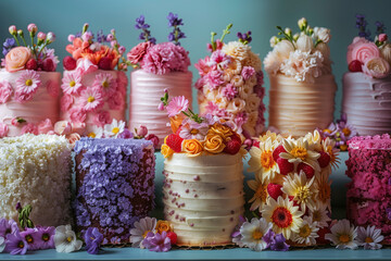 Aufkleber - A row of cakes with flowers on top. The cakes are of different colors and sizes. The cakes are arranged in a row, with the tallest one in the middle and the shortest one on the far right