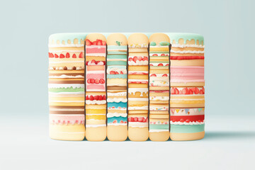 Aufkleber - A row of cakes with different colors and flavors. The cakes are of different colors and sizes. The cakes are arranged in a row, with the tallest one in the middle and the shortest