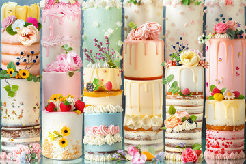 Aufkleber - A row of cakes with flowers on them. The cakes are of different colors and sizes. The cakes are arranged in a way that they look like a bouquet of flowers