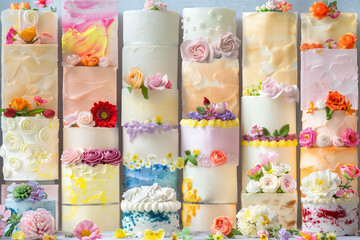 Aufkleber - A row of cakes with flowers on them. The cakes are of different colors and sizes. The cakes are arranged in a way that they look like a bouquet of flowers