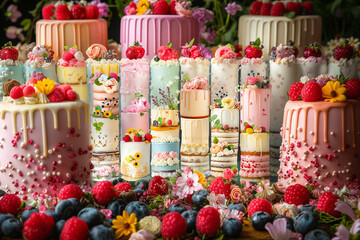 Poster - A row of cakes with different colors and designs, including pink, blue, and yellow. The cakes are decorated with frosting and fruit, such as strawberries and blueberries