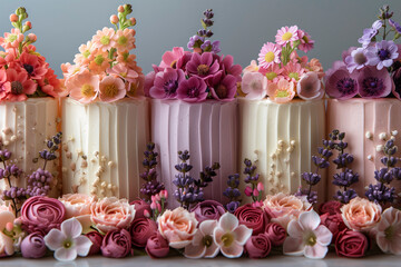 Aufkleber - A row of cakes with flowers on top. The cakes are of different colors and sizes. The cakes are arranged in a row, with the tallest one in the middle and the shortest one on the far right