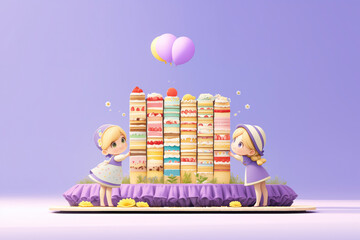 Aufkleber - Two girls are standing in front of a cake tower with many different cakes. They are holding hands and looking at the cakes