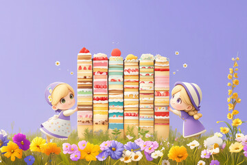 Aufkleber - Two little girls are holding a stack of cakes and are surrounded by a field of flowers. The cakes are of different colors and flavors, and the girls are trying to lift the stack