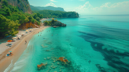 Poster - A beautiful beach with a large body of water in the background. The beach is crowded with people enjoying the sun and the water, view from above