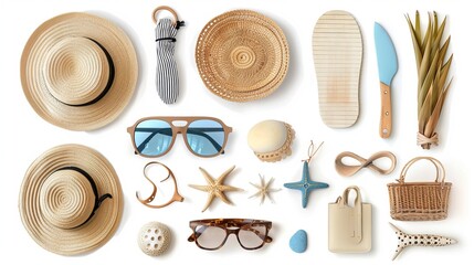 A top view of a set of beach accessories neatly isolated on a white background