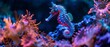 Neon seahorse in coral reef night