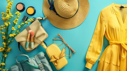 A vibrant display for International Women's Day featuring women's spring/summer fashion items including a yellow dress, straw hat, and shoulder bag along with cosmetics laid out flat 