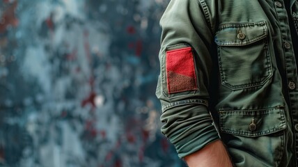 close-up of person's arm with red patch on green jacket sleeve