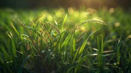 Closeup, grass and weeds with sunshine, nature and green growth with outdoor yard. Lawn, meadow and environment for summer season, vibrant field and background with macro garden in morning light