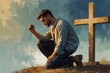 A grieving man kneeling at a cross, digital watercolor.