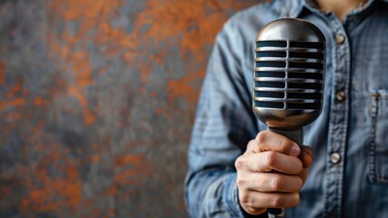 Person holding vintage microphone against textured backdrop