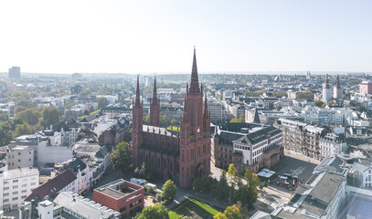 Wall Mural - Aerial summer skyline cityscape of Wiesbaden-Mitte: Schlossplatz, Marktkirche. Wiesbaden, Hesse, Germany. 