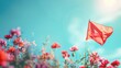 Red flag waving among vibrant flowers against clear blue sky