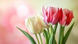 Fototapeta Tulipany - Bouquet of pink and white tulips against soft, colorful background