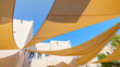 Bottom-up view of several triangular fabric awnings connected to a pillar in the center, covering the street from sun, Katara cultural village, at daytime, Doha, Qatar
