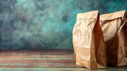 Two crumpled brown paper bags on wooden table with blurred background