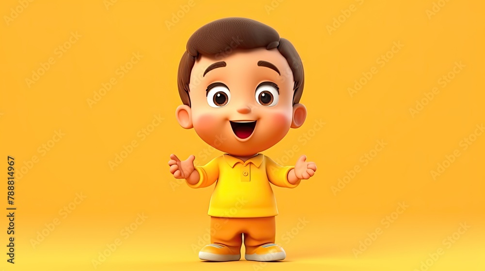 3D rendering of a cute little boy with brown hair and blue eyes. He is ...