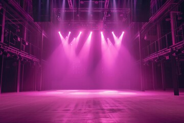 empty stage, bright light pink spotlights. start of the show. theater, concert hall --ar 3:2 Job ID: 5d387fea-f28f-4267-978b-3690b77a1402