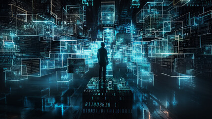 Silhouette of an individual amidst a holographic array of futuristic data screens. Blockchain concept.
