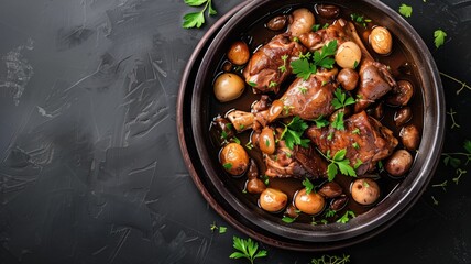 Wall Mural - Braised meat with mushrooms and herbs in dark bowl on black surface