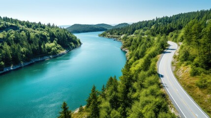 This image shows a beautiful landscape with a long winding road next to a wide river.