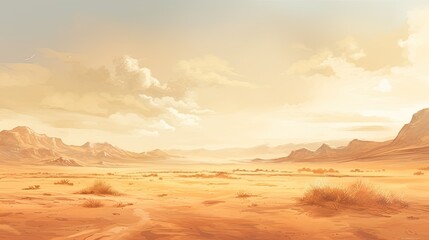 This is a beautiful landscape of a desert. The foreground is a vast expanse of sand, with a few hardy bushes dotting the landscape.