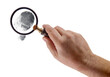 Male Hand Holding Magnifying Glass Viewing A Fingerprint on a White Background.