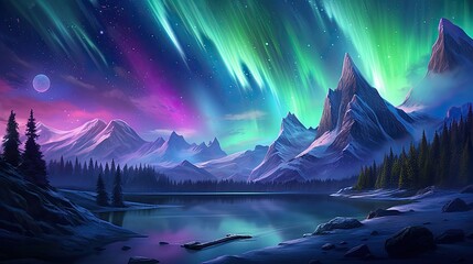 The image is a beautiful landscape of a mountain range at night. The sky is filled with stars and the aurora borealis is visible in the background.