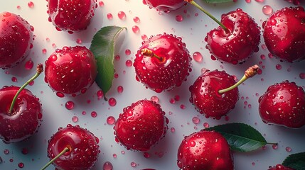 Wall Mural - Juicy cherries. Red cherries on a white background for banner, cover, label. Ripe cherry. Cherry juice, jam, dessert. Berry background. Fruit background.