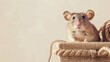 Mouse peeks out of woven basket with curious expression