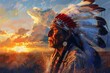 native american indian chief portrait at sunset traditional tribal clothing and headdress digital painting