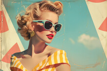 Portrait Of Elegant Beautiful Young Woman, Lady Dressed In 50s Style, Collage With Retro Concept