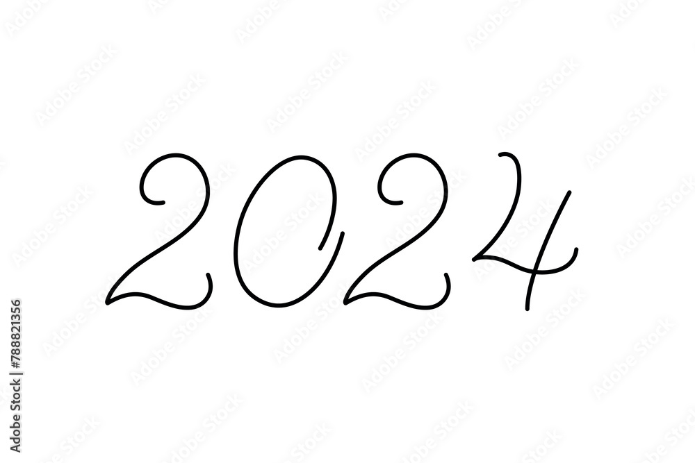 2024 numbers line art, hand drawn contour, black lettering, handwriting ...