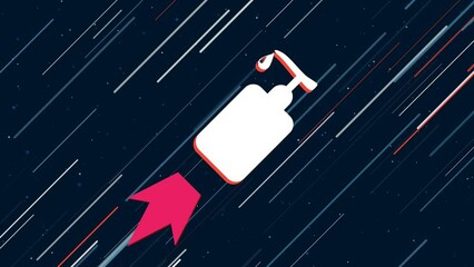 Poster - Liquid soap symbol flies through the universe on a jet propulsion. The symbol in the center is shaking due to high speed. Seamless looped 4k animation on dark blue background with stars