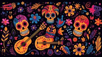 Colorful illustration of a guitar and sugar skulls with floral elements. Perfect for a Mexican holiday or event.