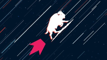 Poster - Wild buffalo flies through the universe on a jet propulsion. The symbol in the center is shaking due to high speed. Seamless looped 4k animation on dark blue background with stars