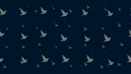 Poster - Bird symbols float horizontally from left to right. Parallax fly effect. Floating symbols are located randomly. Seamless looped 4k animation on dark blue background