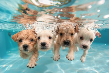 Wall Mural - A group of four puppies are swimming in a pool. Summer heat concept, background