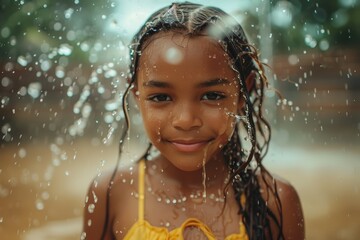 Canvas Print - A young girl is standing in the rain, with her hair wet and her face smiling