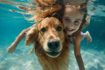 Wall Mural - A girl is swimming with a dog in the ocean. Summer heat concept, background