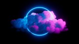 Fototapeta  - 3d render. Neon round linear frame glows inside the colorful cloud, isolated on black background. Fantastic halo concept wallpaper