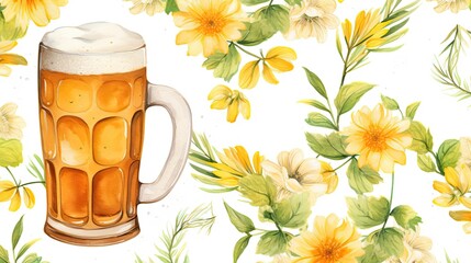 Wall Mural - mug of beer with white foam. floral seamless pattern with yellow and white flowers.