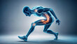 2D Illustration of a running man with painful knee joint highlighted, kneecap, 3D rendering. Problem of joint diseases, medical topics. Painful joints created with generative ai	
