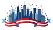 Silhouette illustration of skyline of American city with patriotic colors over white transparent background