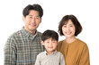 Mongolian family portrait of a couple with their little son smiling at camera. Isolated over white transparent background